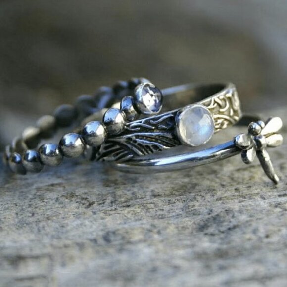 3 Layered Set Boho Dragonfly and Flower Stackable Ring #1119 - Picture 5 of 6